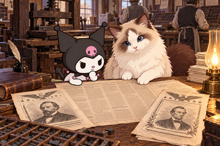 Kuromi és Jani: Újságok és elszakadási vita, 1860. Generált tanulási illusztráció.