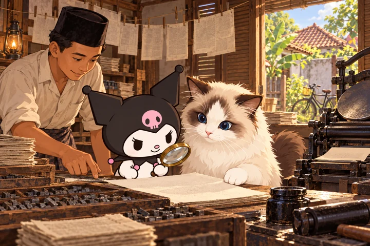 Kuromi és Jani: Yogyakarta, 1948: nyomtatott köztársasági hírek. Generált tanulási illusztráció.