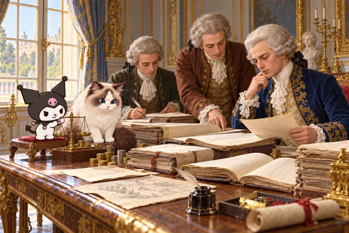 Kuromi és Jani: Adósságkönyvek és reformtervek, 1787. Generált történeti illusztráció.