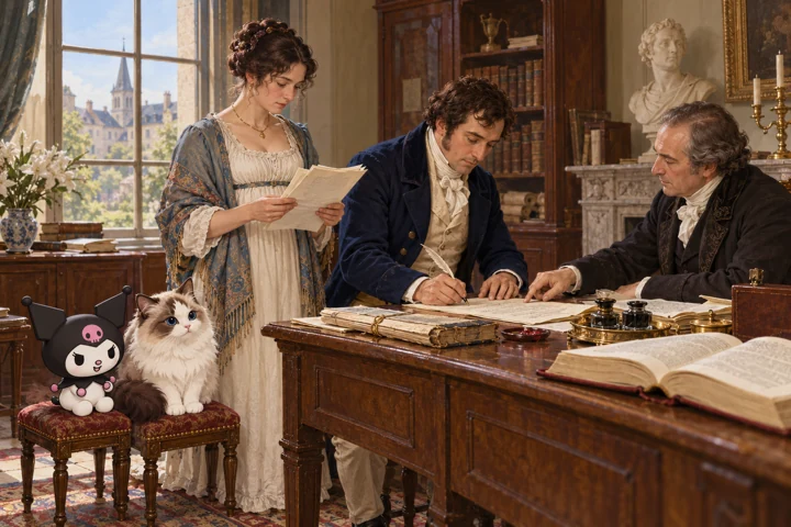 Kuromi és Jani: Szerződéskötés és egyenlőtlen jogok, 1804. Generált történeti illusztráció.
