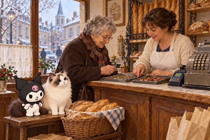 Kuromi és Jani: Pénzcsere egy francia pékségben, 2002 januárja. Generált történeti illusztráció.