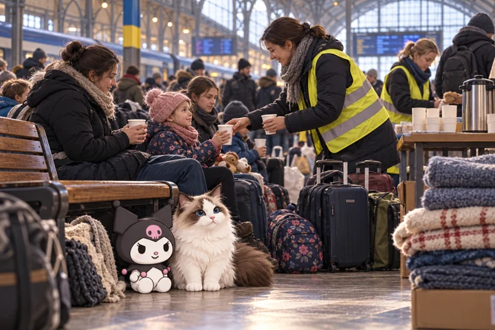 Kuromi és Jani: Segítségnyújtás egy lengyel pályaudvaron, 2022. Generált történeti illusztráció.