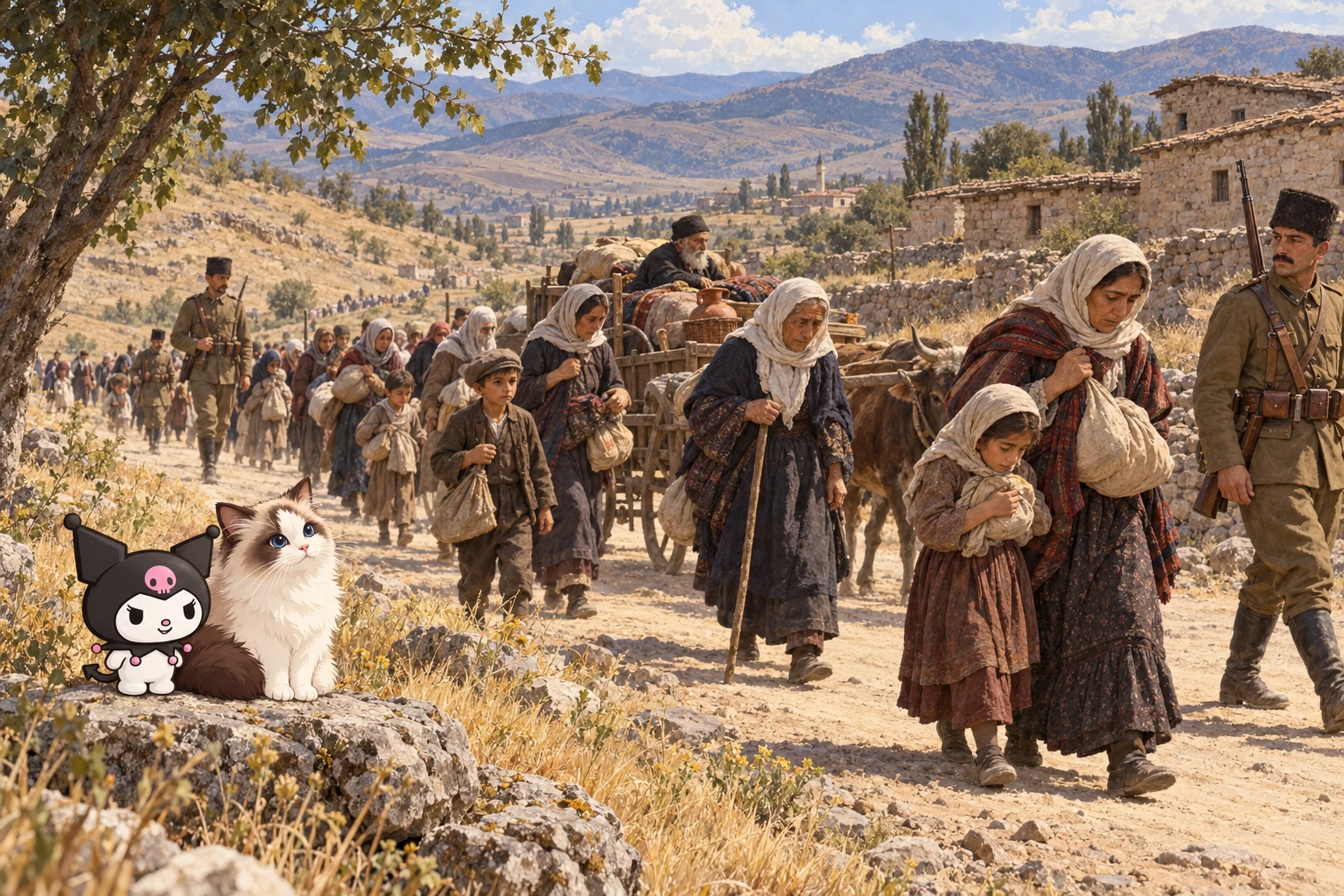 Kuromi és Jani: Örmény civilek kényszerdeportálása Anatóliában, 1915. Generált történeti illusztráció.