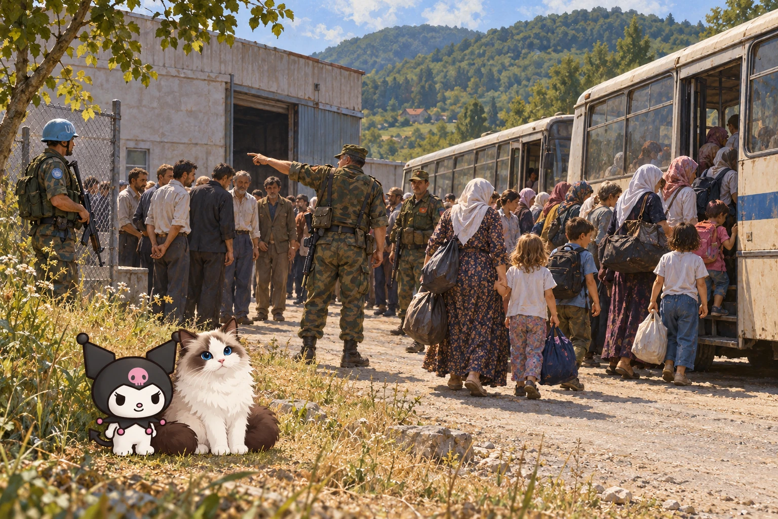 Kuromi és Jani: Potočari: kényszerű elszállítás és szétválasztás, 1995. július 12.. Generált történeti illusztráció.