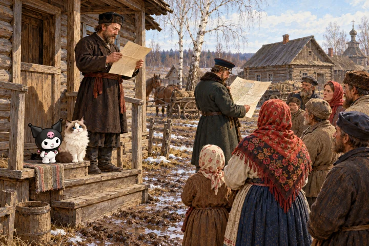 Kuromi és Jani: Szabadság és földteher: falusi kihirdetés, 1861. Generált történeti illusztráció.