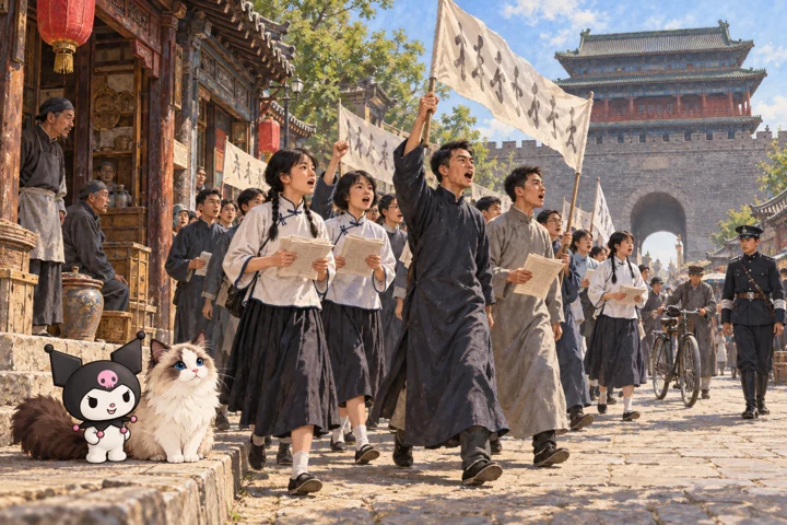 Kuromi és Jani: Diákok az utcán: Peking, 1919. május. Generált történeti illusztráció.